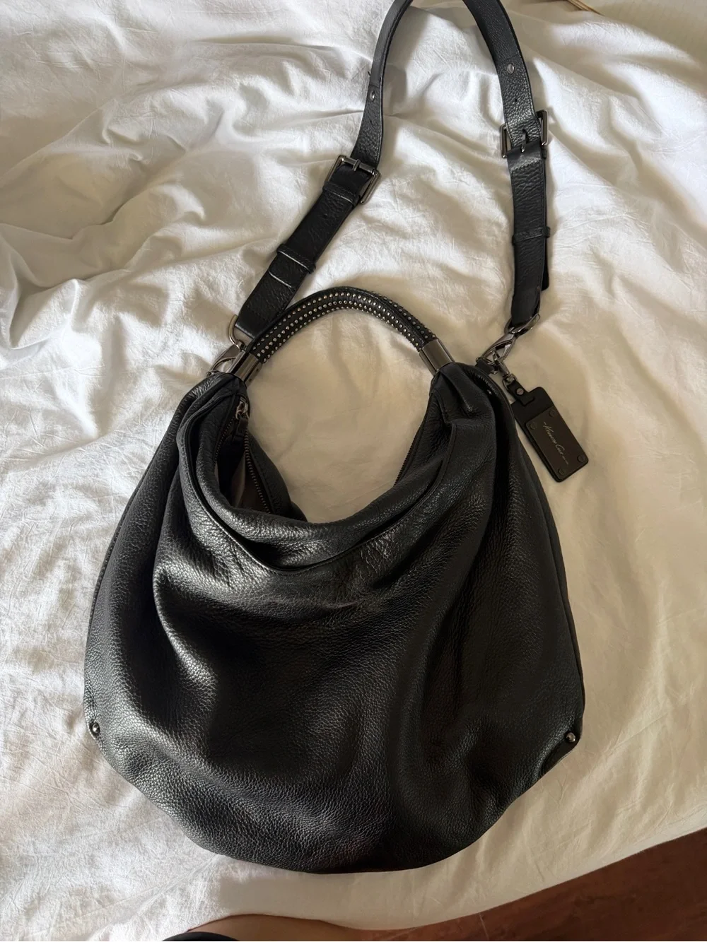 Kenneth Cole Black Pebbled Leather Hobo Bag crossbody shoulder adjustable